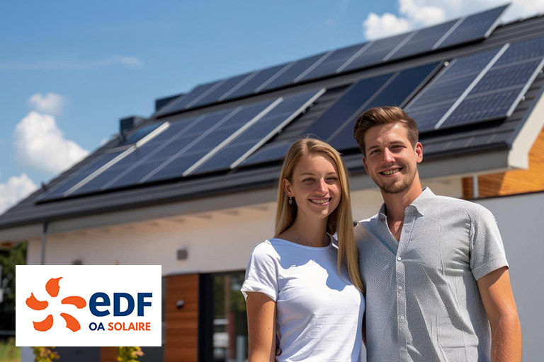 couple content devant une maison avec des panneaux solaires dessus, logo edf au premier plan