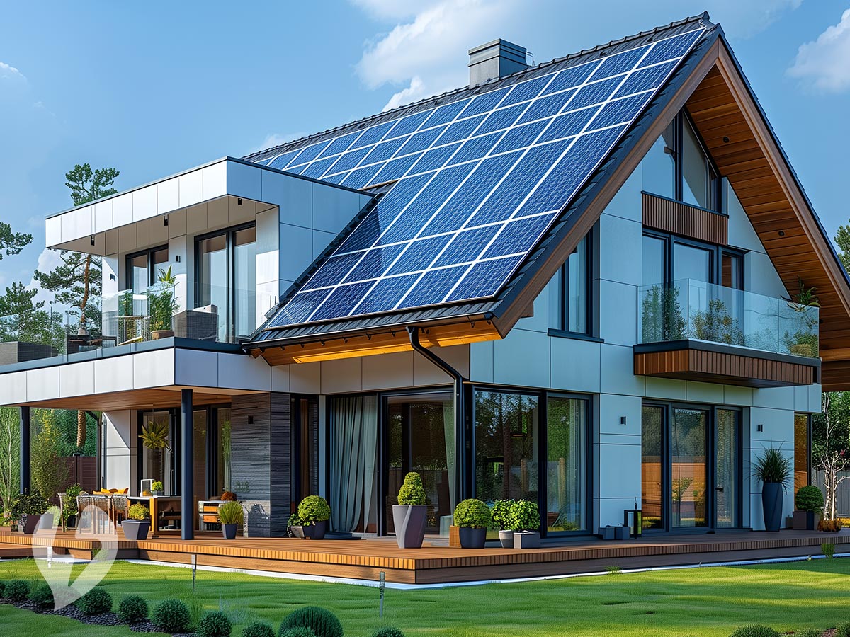 Maison moderne en contre-plongée avec de grands panneaux solaires sur le toit et le logo au premier plan de ma-transition-energetique.com