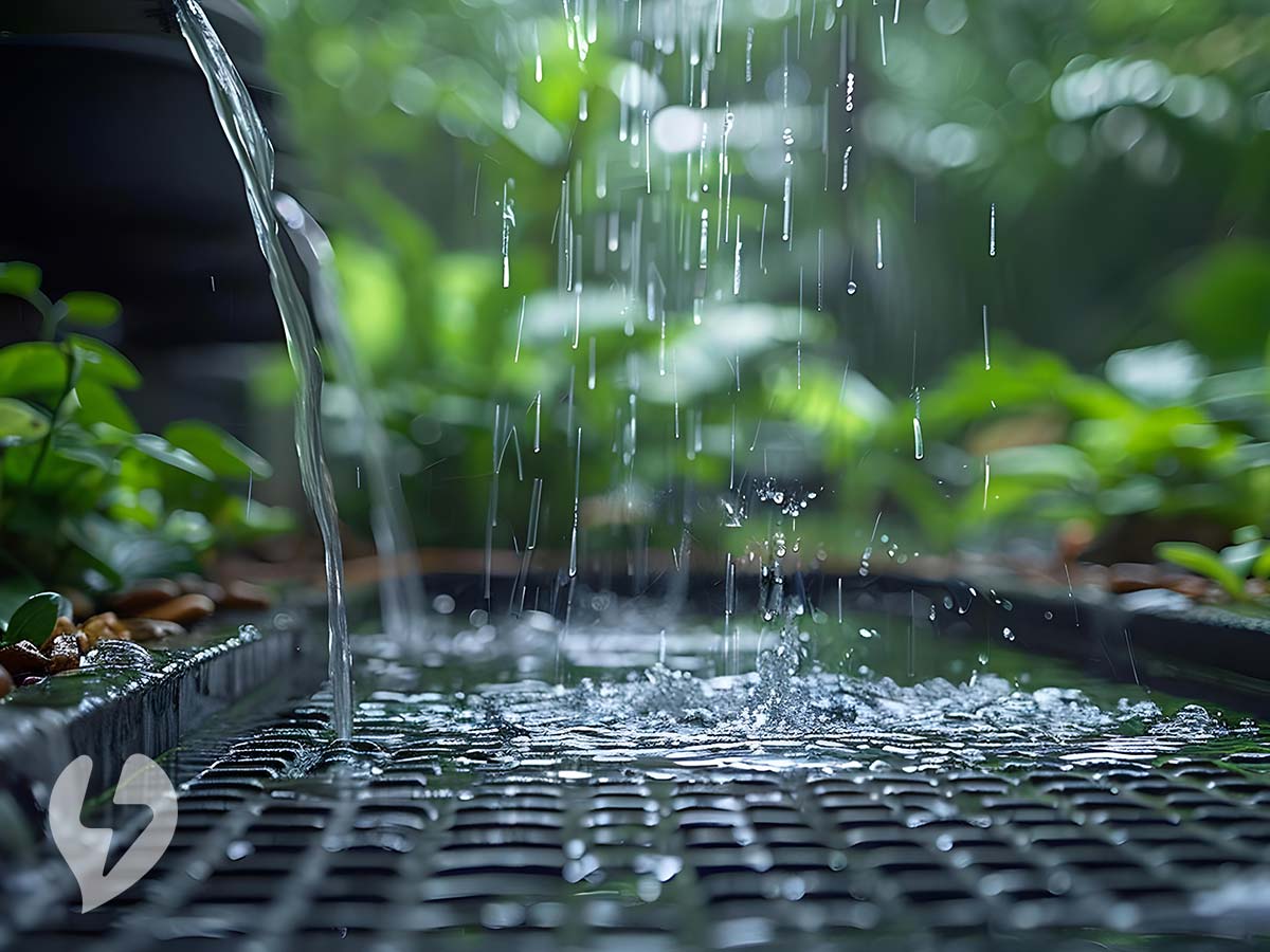 Pluie tombant sur un système de récupération d'eau intégré dans un environnement verdoyant, illustrant le concept de durabilité et d'efficacité de la collecte des eaux pluviales.